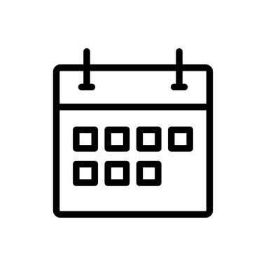 Bu basit çizgi sanat takvimi simgesi, çeşitli dijital platformlar için minimalist tasarım ile organizasyonu ve planlamayı sembolize eden tarihler ve olaylar için kutular içerir..