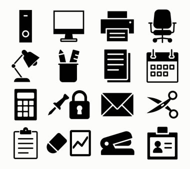 İş ve iş yeri tasarımları için uygun bilgisayar, yazıcı, lamba ve kırtasiye ürünleri de dahil olmak üzere çeşitli ofis malzemelerini ve ekipmanlarını temsil eden siyah beyaz simgelerden oluşan bir koleksiyon.
