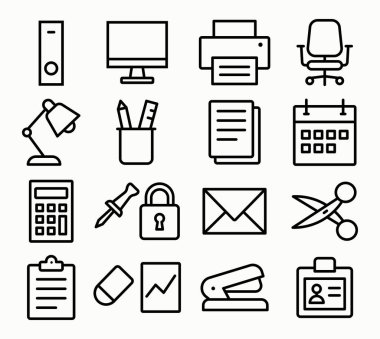 Ortak ofis malzemelerini ve ekipmanlarını temsil eden minimalist simgelerden oluşan bir koleksiyon. İş ve üretkenliğe odaklı yaratıcı projeler, sunumlar veya dijital tasarımlar için mükemmel.