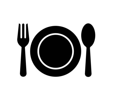 Çatal ve kaşıklı Siyah Tabak Silüeti Beyaz Arkaplanda İzole Edildi 