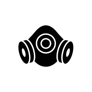 Bu resim, tehlikeli ortamlarda veya durumlardaki güvenlik ve korumayı temsil eden beyaz arkaplandaki gaz maskesi simgesinin siyah bir silüetini içerir..