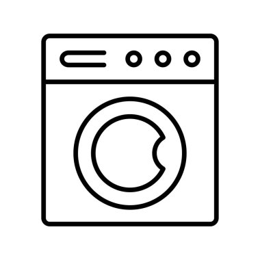 Modern ev aletlerini temsil eden bir çamaşır makinesinin minimalist taslak simgesi. Çamaşır yıkama, ev temizliği ve günlük ev işleri için ideal..