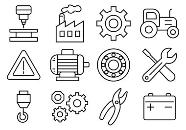 Üretim, mühendislik ve mekaniğin çeşitli yönlerini temsil eden kapsamlı bir endüstriyel ekipman koleksiyonu. Tasarım projeleri için ideal.