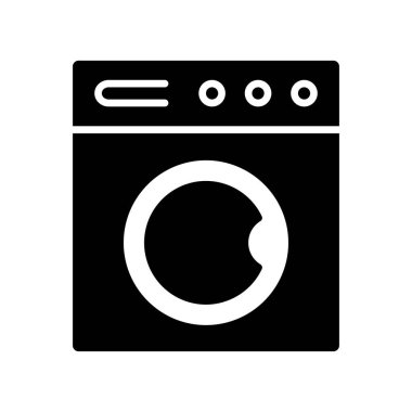 Minimalist siyah çamaşır makinesi simgesi, temiz beyaz arka planda, çamaşır hizmetlerini, temizlik rutinlerini veya tasarım projelerinde ev aletlerini temsil etmek için mükemmel..