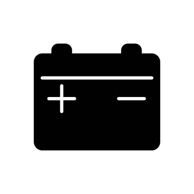 Pozitif ve negatif terminal sembolleri içeren basit bir siyah pil simgesi. Enerji ile ilgili tasarımlar, teknoloji çizimleri veya grafik projeleri için ideal.