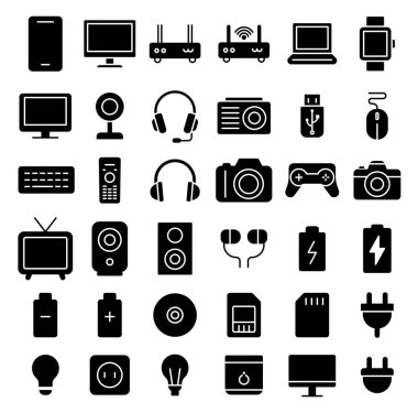 Siyah Siluet Biçiminde Elektronik Aygıt ve Aksesuarların Çeşitliliği 