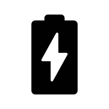 Dijital ortamda enerji, güç ve şarj kavramlarını temsil etmek için ideal bir yıldırıma sahip parlak bir siyah pil simgesi.