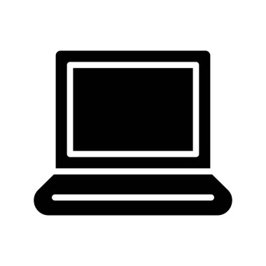 Bu grafik temiz beyaz arkaplan üzerinde parlak bir siyah dizüstü bilgisayar simgesi içeriyor, teknoloji, iş ve modern çalışma ortamlarını temsil etmek için mükemmel..