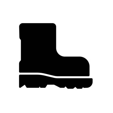 Belirgin bir lastik dizaynına sahip dayanıklı bir çizmenin siyah silueti, açık hava maceraları, yürüyüş ve çeşitli ortamlarda günlük kullanım için ideal..