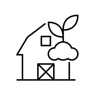 Bu minimalist sanat çizgisi çizimi bulutlardan büyüyen ve uyumlu bir çevrede büyümeyi ve sürdürülebilirliği sembolize eden büyüleyici bir çiftlik evini gösteriyor..