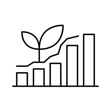 Bu resimde, iş ve ekonomik kalkınma alanında ilerleme ve sürdürülebilirliği temsil eden bir bitki sembolü ile birlikte bir büyüme tablosu yer alıyor..