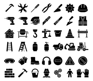 Çeşitli inşaat araçları ve güvenlik ekipmanlarını temsil eden siyah siluet simgelerinden oluşan bir koleksiyon. Çalışma ortamları ve endüstriyel temalarla ilgili tasarım projeleri için ideal.