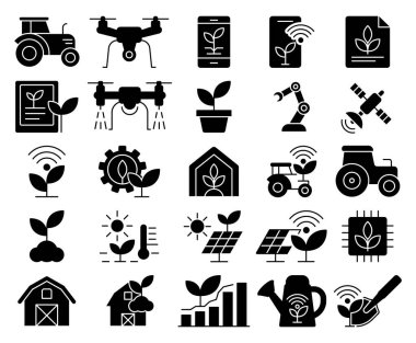 Tarımsal teknolojiyi temsil eden ikonların toplanması, insansız hava araçları, sensörler ve modern tarım için sürdürülebilir tarım uygulamaları gibi yenilikler sergileniyor..