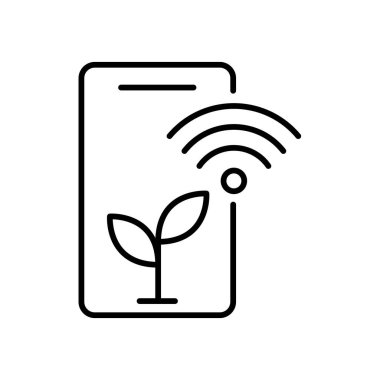 Modern bir akıllı telefon, büyüyen bir bitki simgesi yanında, sürdürülebilir yenilikler için teknoloji ve doğa arasındaki bağlantıyı sembolize eden kablosuz bir sinyal gösterir..