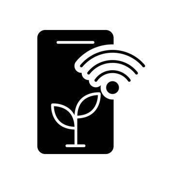 Bir bitki ikonu ve Wi-Fi sinyali gösteren modern akıllı telefon yenilikçi akıllı tarım teknolojisini temsil ediyor. Sürdürülebilir tarım çözümlerinin sergilenmesi için ideal.