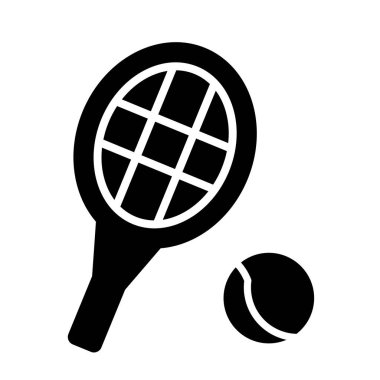 Tenis raketi ve topu tasvir eden siyah beyaz bir ikon, tenis sporları, eğlence aktiviteleri ve atletik ortamları temsil etmek için ideal..