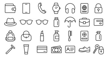 Seyahat ve kişisel ihtiyaçların yer aldığı minimalist çizgi simgelerinin bir derlemesi. Bu çok yönlü sette cüzdanlar, telefonlar ve aksesuarlar gibi günlük eşyalar bulunmaktadır..