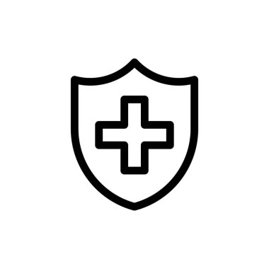 Sağlık ve güvenliği sembolize eden tıbbi haç içeren minimalist kalkan ikonu. Sağlık, koruma ve destek kavramları ile ilgili tasarımlar için ideal.
