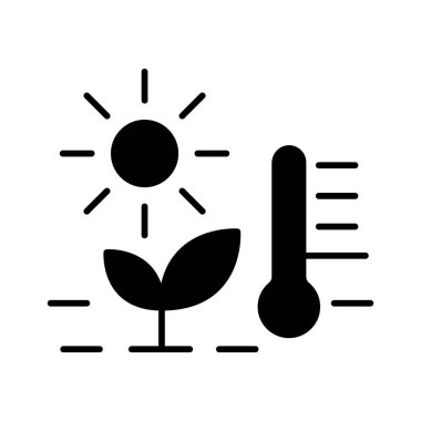 Güneşin, büyüyen bir bitkinin ve termometrenin simgesi olan ikon, doğanın büyüme döngüsündeki güneş ışığı ile sıcaklık arasındaki ilişkiyi sembolize ediyor..