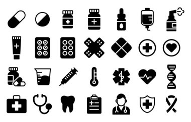 Sağlık, sağlık, tedavi ve bakımı temsil eden çeşitli tıbbi ikonlar. Sağlık uzmanları, klinikler ve sağlık projeleri için uygundur.