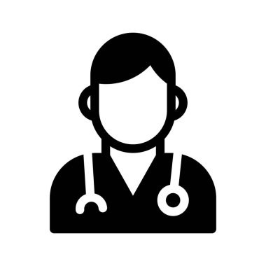 Bu minimalist siyah beyaz simge steteskop takan bir tıp uzmanını temsil ediyor. Sağlık temaları ve tıbbi çizimler için ideal.