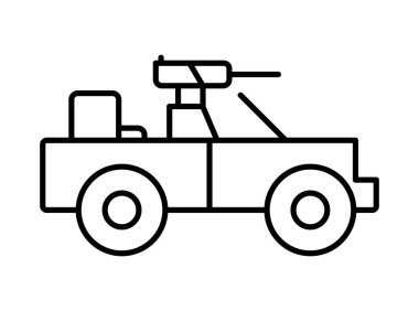 Bu resimde, üzerine silah monte edilmiş askeri bir aracın basit bir çizgisi yer alıyor. Savunma, güvenlik ve ulaşım temalarıyla ilgili tasarımlar için ideal.