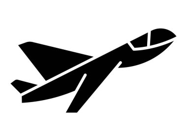 Kalkış pozisyonunda bir uçağın şık siyah silueti beyaz bir arka plana karşı, seyahat ve havacılık ile ilgili konular için mükemmel..