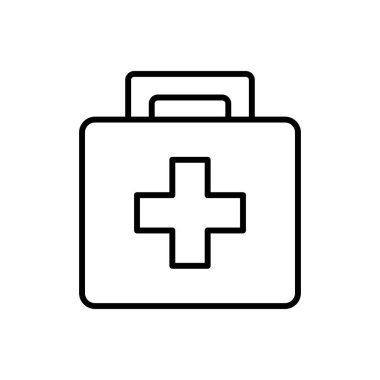 Sağlık hizmetleri ve acil servis malzemelerinde kullanmak için ideal ilk yardım çantasının basit ve minimalist tasviri tıbbi hazır olmayı sembolize ediyor..