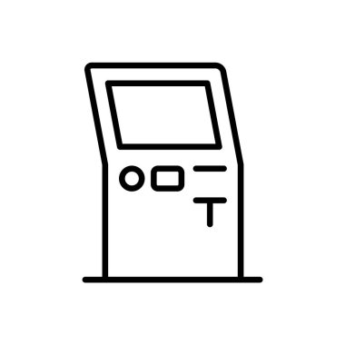 Otomatik gıda ve içecek alımını minimalist bir dizaynla temsil eden, ekranda ve düğmelerde yer alan bir otomat otomatının basit siyah beyaz taslağı.