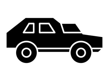 Yan görüntüde klasik bir SUV aracının siyah silueti var. Bu basit grafik tasarımı ulaşım kavramları ve çevresel temalar için mükemmeldir..
