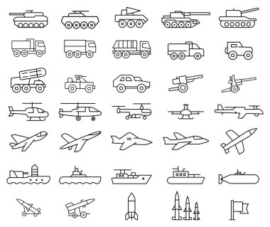 Eğitici ve bilgilendirici amaçlar için ideal çeşitli askeri araçları ve uçakları tasvir eden ayrıntılı çizgi çizimleri koleksiyonu.