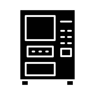 Perakende satış alanlarında modern kolaylık için tasarlanmış çeşitli seçim düğmeleri ve kompartımanları içeren basit bir otomat simgesi.