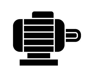 Bu görüntü, çeşitli endüstriyel ve mekanik tasarım ihtiyaçları için uygun parlak siyah beyaz bir elektrikli motor ikonuna sahiptir. Teknoloji temaları için ideal.