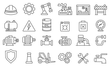 İnşaat araçları, makine sembolleri ve mühendislik unsurları içeren temiz bir taslak biçiminde endüstriyel ekipman ikonlarının ayrıntılı bir koleksiyonunu keşfedin.