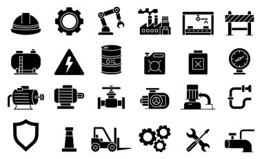 Endüstriyel simgelerden oluşan çeşitli bir koleksiyon malzeme, araç gereç ve güvenlik sembolleri sergiliyor. Üretim, mühendislik ve inşaat ile ilgili projeler için ideal.