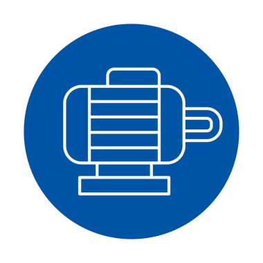 Bu vektör illüstrasyonu, teknoloji ve mühendislik temaları için ideal, mavi dairesel bir arkaplan karşısındaki elektrikli bir motor setinin basit bir çizgi sanat tasarımını içerir..