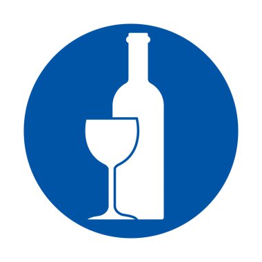 Canlı mavi bir zemin üzerinde şarap şişesi ve cam tasvir eden modern ve şık bir ikon, restoran menüleri, parti davetiyeleri veya içecekle ilgili tasarımlar için mükemmel..