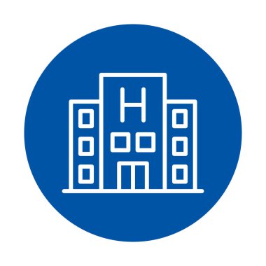 Bu grafik, koyu mavi bir dairenin içindeki basit bir hastane binası ikonunu gösteriyor. Sağlık hizmetleri temaları için idealdir, hasta bakımını ve sağlık hizmetlerini sembolize eder.