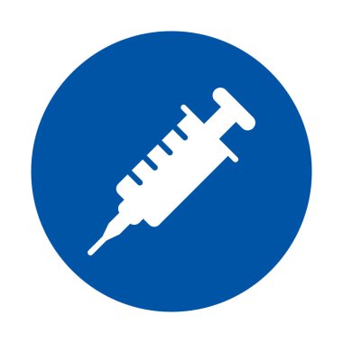 Sağlık ve tıbbi temaları temsil eden mavi bir çembere karşı koyan basit bir beyaz şırınga ikonu. Çeşitli sağlık projeleri ve malzemeler için uygundur.