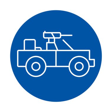 Bu minimalist tasvirde mavi arka planda zırhlı bir araç var. Güvenlik veya askeri temalarla ilgili grafik tasarım projeleri için ideal.