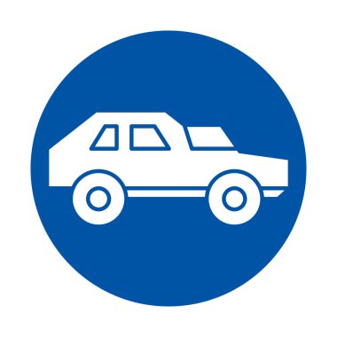 Bu basit simge canlı bir mavi daireye karşı beyaz bir araba silueti içeriyor. Ulaşım temalarını veya otomotiv tasarımlarını temsil etmek için ideal.
