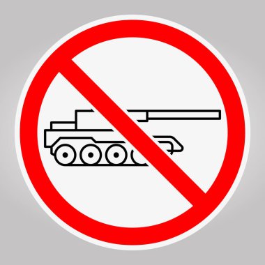 Kamu alanlarında güvenlik ve barışı desteklemek amacıyla askeri araçlara uygulanan kısıtlamaları vurgulayan, tank resimlemesi içeren çarpıcı bir yasaklama işareti.