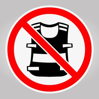 Bu illüstrasyonda, çeşitli ortamlarda güvenlik yönetmeliklerine uyulmasının önemini vurgulayan kırmızı daireli bir güvenlik yeleği tasvir eden bir yasaklama işareti yer alıyor..