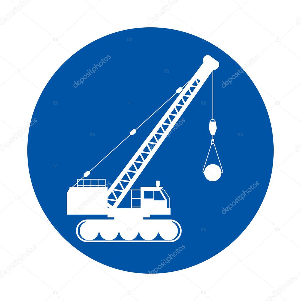 This graphic features a white crane silhouette on a blue circle, ideal for illustrating construction themes, heavy machinery concepts, and engineering projects.