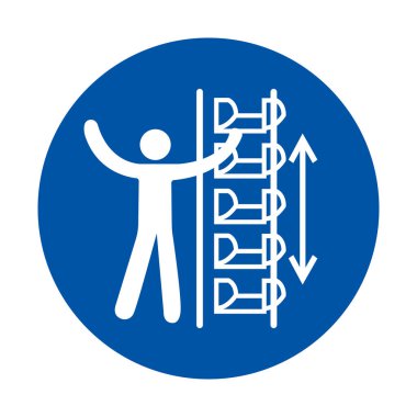 Bu resim, merdiven kullanan ve hareket eden okları olan bir insan figürünü gösteren bir güvenlik simgesi içeriyor. İş yeri güvenlik kaynakları için ideal.