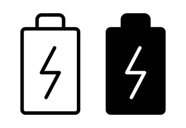 Bu görüntüde iki minimalist pil ikonu var, biri siyah diğeri beyaz, enerji ve gücü simgeliyor. Teknoloji temalarında dijital ve yazılı ortam kullanımı için ideal.