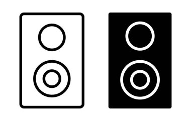 Bu resim, çeşitli medya projelerinde ses teknolojisi, müzik üretimi ve ses tasarımı için mükemmel olan bir çift siyah beyaz hoparlör ikonuna sahiptir..