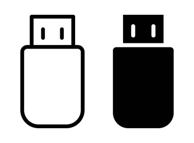 Siyah beyaz bir çift minimalist USB flash disk simgesi, dijital projeler, yazılım tasarımları ve teknolojiyle ilgili grafikler için ideal.