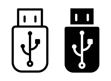 Siyah ve beyaz bir USB flaş bellek ikonunun detaylı bir çizimi. Teknoloji temaları, veri depolama temsili ve modern tasarım projeleri için ideal.