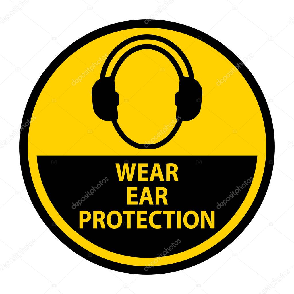 Clear yellow safety sign promoting the necessity of wearing ear protection in noisy environments. Ideal for workplaces, educational materials, and safety programs.